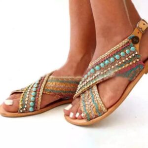 Make a Statement with These Bohemian Colorblock Beaded Flat Sandals for Women