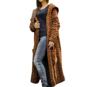Women’s Hooded Long Cardigan Sweater with Twisted Braids and a Loose Fit