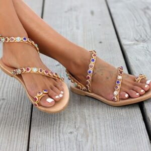 Women’s Flat Sandals Adorned with Beautifully Inlaid Flowers