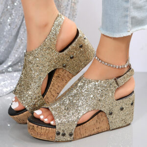 Glitzy Velcro Chunky Wedge Sandals for Women with Sequins
