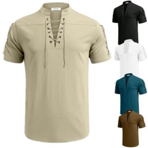 Trendy Short Sleeve Tie V Neck Linen Shirt for Men