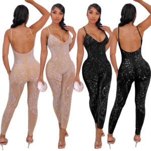 Women’s Sleeveless Jumpsuit with See-Through Mesh and Rhinestone Accents