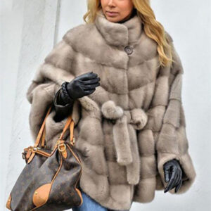 Women’s Faux Fur Jacket with Stand Collar and Loose Belt