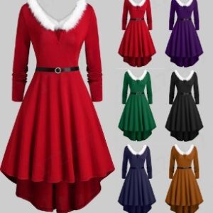 Women’s Long Sleeve V-Neck Christmas Dress with Furry Accents