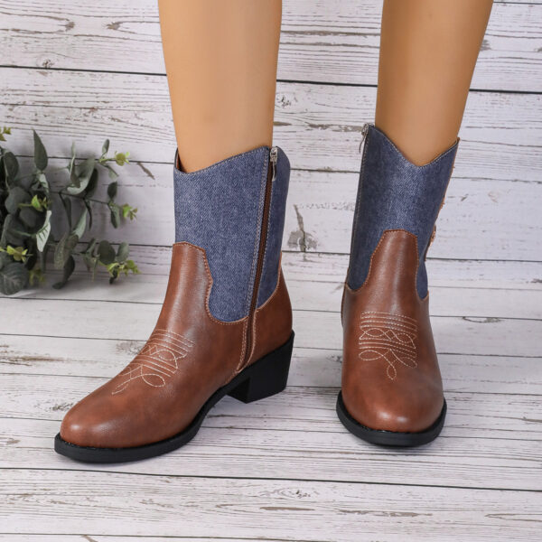 Women's Mid-Calf Chelsea Boots with Denim Patchwork - Image 3