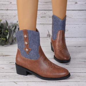 Women’s Mid-Calf Chelsea Boots with Denim Patchwork