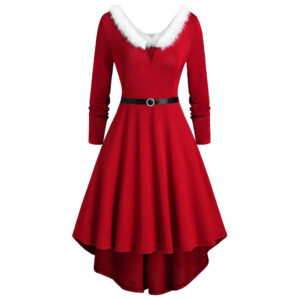 Women’s Long Sleeve V-Neck Christmas Dress with Furry Accents