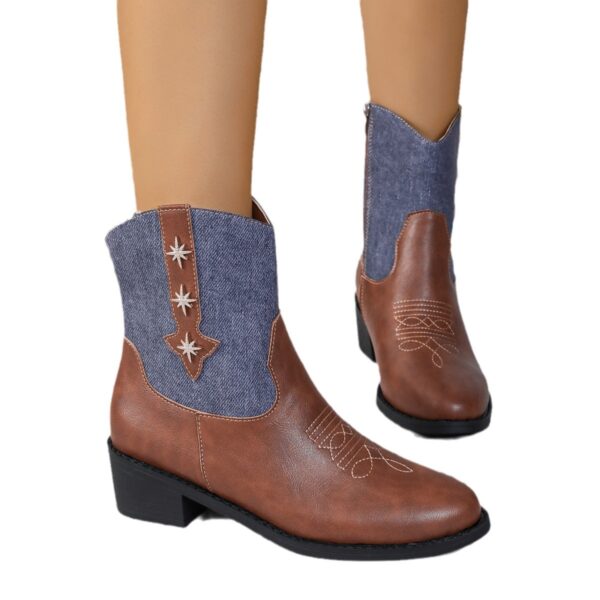 Women's Mid-Calf Chelsea Boots with Denim Patchwork - Image 4