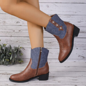 Women’s Mid-Calf Chelsea Boots with Denim Patchwork