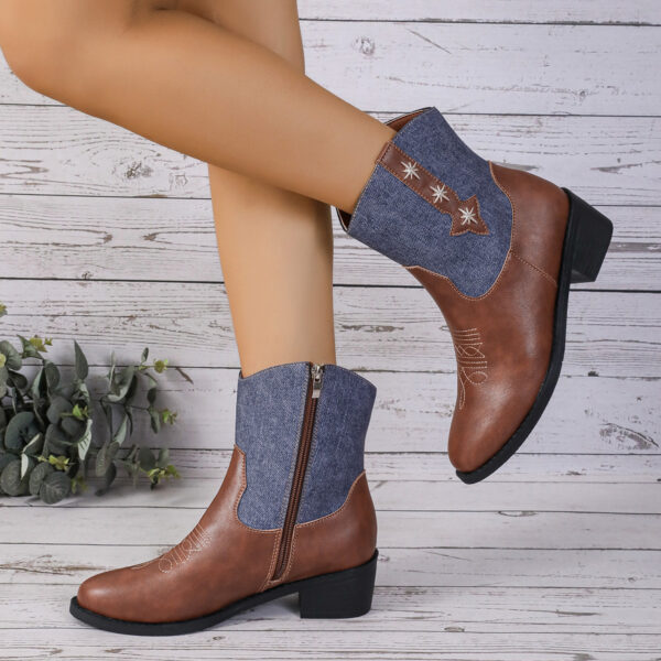 Women's Mid-Calf Chelsea Boots with Denim Patchwork - Image 2