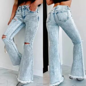 Trendy Women’s High Waist Ripped Jeans with a Washed Finish
