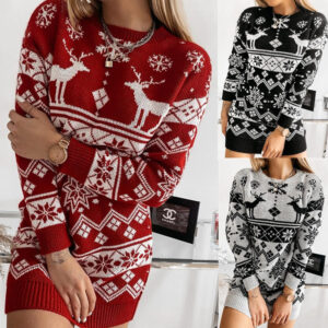 Women’s Sweater Dress with Elk and Snowflake Pattern