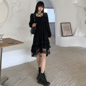 Women’s Black Lace Dress with Irregular Hem and Pleated Waist