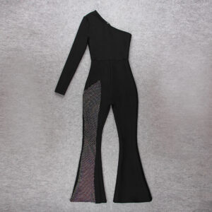 One Shoulder Jumpsuit with Rhinestones and Flared Legs