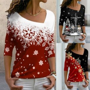 Chic Women’s Snowflakes Pattern Top with Diagonal Collar