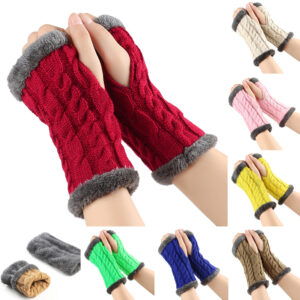 Women’s Fingerless Gloves with Plush Lining and Twist Knitted Wool