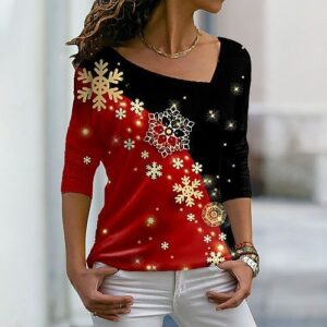 Chic Women’s Snowflakes Pattern Top with Diagonal Collar