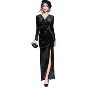 Women’s Velvet Evening Dress with Slit and Pleats
