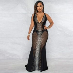 Sparkling Rhinestone Mesh Jumpsuit Gown for Women
