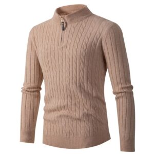 Men’s Zippered Twisted Cable Sweater with Half High Neck