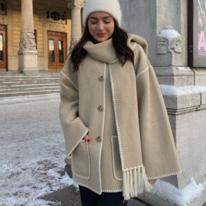 Women’s Fashionable Woolen Coat with Scarf Tassel