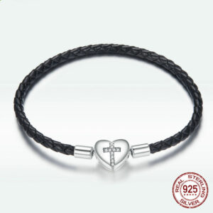 925 Sterling Silver Love Heart Black Braided Cross Bracelet