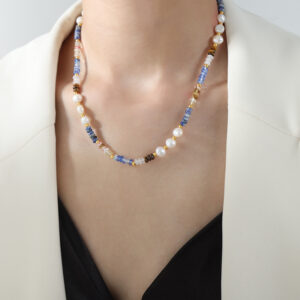 Elegant Freshwater Pearl Necklace with Natural Stones Round Beads