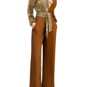 Elegant V-Neck Rhinestone Cotton Jumpsuit for Women