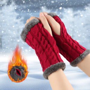 Women’s Fingerless Gloves with Plush Lining and Twist Knitted Wool
