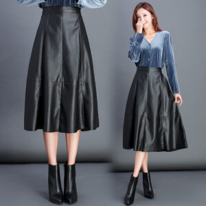 Classic Korean Women Pu Leather Skirt Skirt Pleated Skirt Loose Wild Black Thin