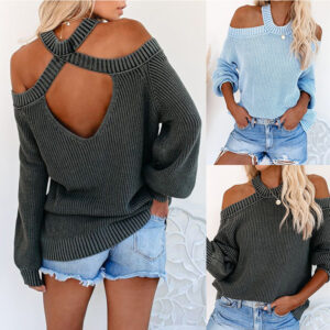 Women’s Sweater Round Neck Halter Off-Shoulder Sweater