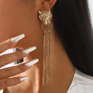 Rhinestones Tassel Earrings featuring Leopard Head