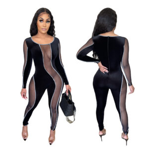 Women’s Slim Fitting Mesh Velvet Jumpsuit