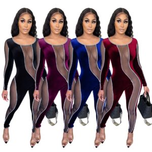 Women’s Slim Fitting Mesh Velvet Jumpsuit