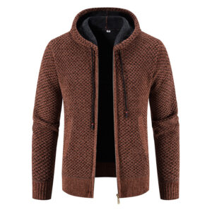 Knitwear Men’s Hooded Sweater Fleece-lined Velvet-added Thickness Fleece-lined Warm Cardigan Coat