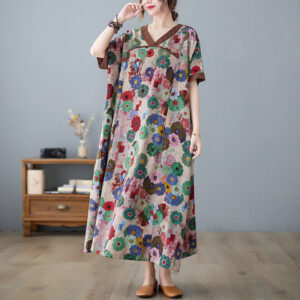 Women’s Plus Size Retro V-neck Loose And Slim Cotton And Linen Dress