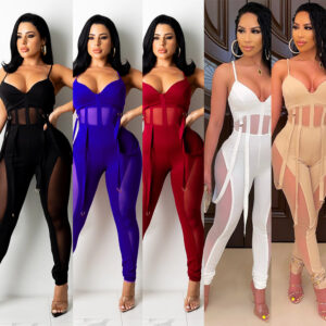 Women’s Mesh See-through Suspender Jumpsuit Trousers