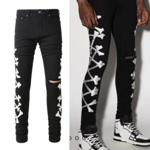 Men’s Black Stretch Slim-Fit Jeans With Silver Bone Cutter