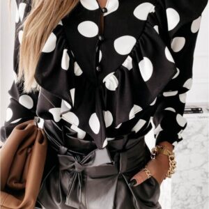 Women’s Pleated Polka Dot Blouse with Long Stand Collar Split