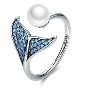 925 Sterling Silver Mermaid Tail Ring with Pearl and Zircon Accents