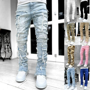 Men Trousers Individual Patched Pants Long Tight Fit Stacked Jeans For Mens Clothing
