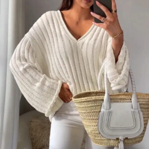 Women’s Slouchy Rib Loose Pullover V-Neck Sweater with Rolled Edge Detailing
