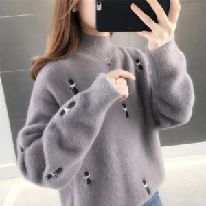 Mink Velvet Women’s Half High Neck Sweater Loose Embroidered Top