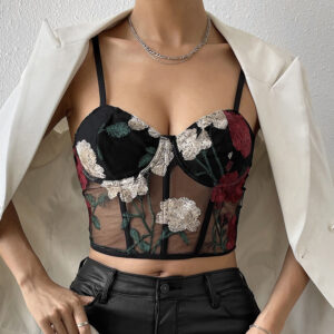 Women’s Vintage Mesh Corset with Floral Embroidery and Steel Boning