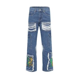 Men’s Fashion Vintage Ragged Burlap Letter Embroidered Jeans