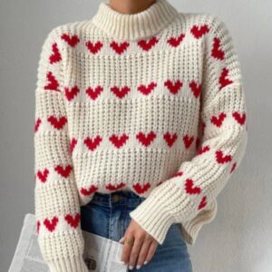 Love Jacquard Knitted Half High Collar Pullover for Women