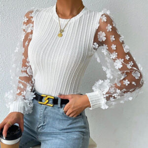Women’s Mesh Floral Chiffon Top with See Through Detail