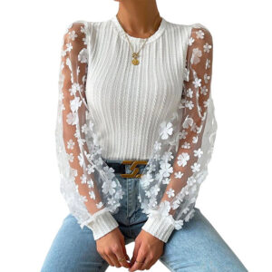 Women’s Mesh Floral Chiffon Top with See Through Detail
