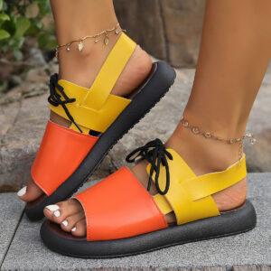 Color-block Lace-up Roman Sandals For Women Summer New Fashion Flat Fish Mouth Beach Shoes