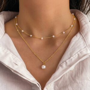 Fashion Jewelry Women’s Pearl Tassel Pendant Double-layer Necklace Gold Pearl Necklace For Women